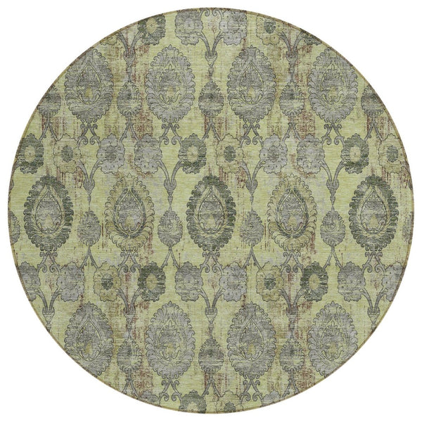 HomeRoots 5' Elegant Artichoke Green & Gray Damask Rug – Durable, Washable Indoor/Outdoor Design for All Spaces 8' Round 588132