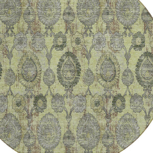 Homeroots 3' Stylish Artichoke Green And Gray Damask Rug - Washable, Durable, Perfect For Indoor And Outdoor Spaces 8' Round Polyester 588132