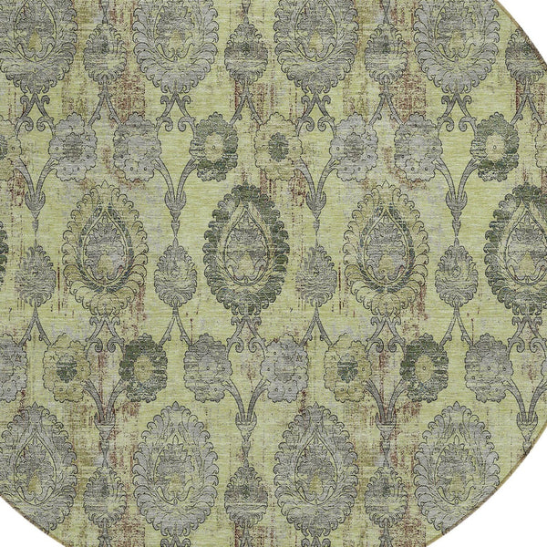Homeroots 3' Stylish Artichoke Green And Gray Damask Rug - Washable, Durable, Perfect For Indoor And Outdoor Spaces 8' Round Polyester 588132