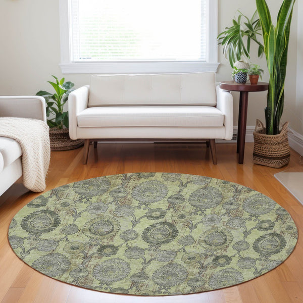 Homeroots 3' Stylish Artichoke Green And Gray Damask Rug - Washable, Durable, Perfect For Indoor And Outdoor Spaces 8' Round Polyester 588132