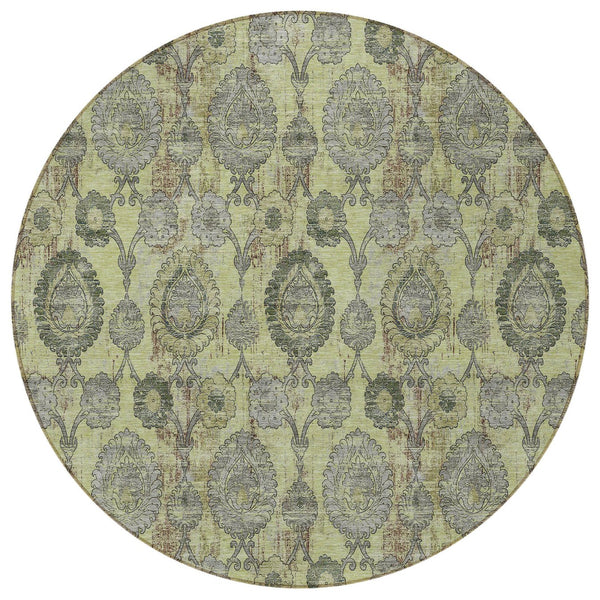 Homeroots 3' Stylish Artichoke Green And Gray Damask Rug - Washable, Durable, Perfect For Indoor And Outdoor Spaces 8' Round Polyester 588132