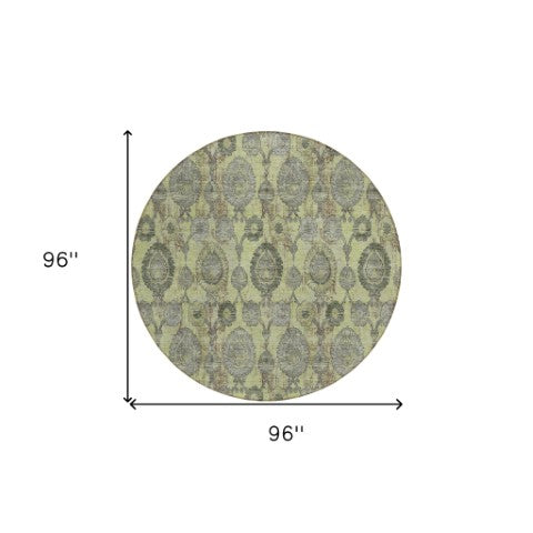 Homeroots 3' Stylish Artichoke Green And Gray Damask Rug - Washable, Durable, Perfect For Indoor And Outdoor Spaces 8' Round Polyester 588132