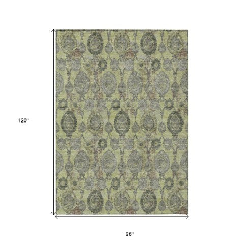 Homeroots 3' Stylish Artichoke Green And Gray Damask Rug - Washable, Durable, Perfect For Indoor And Outdoor Spaces 8' X 10' Polyester 588133