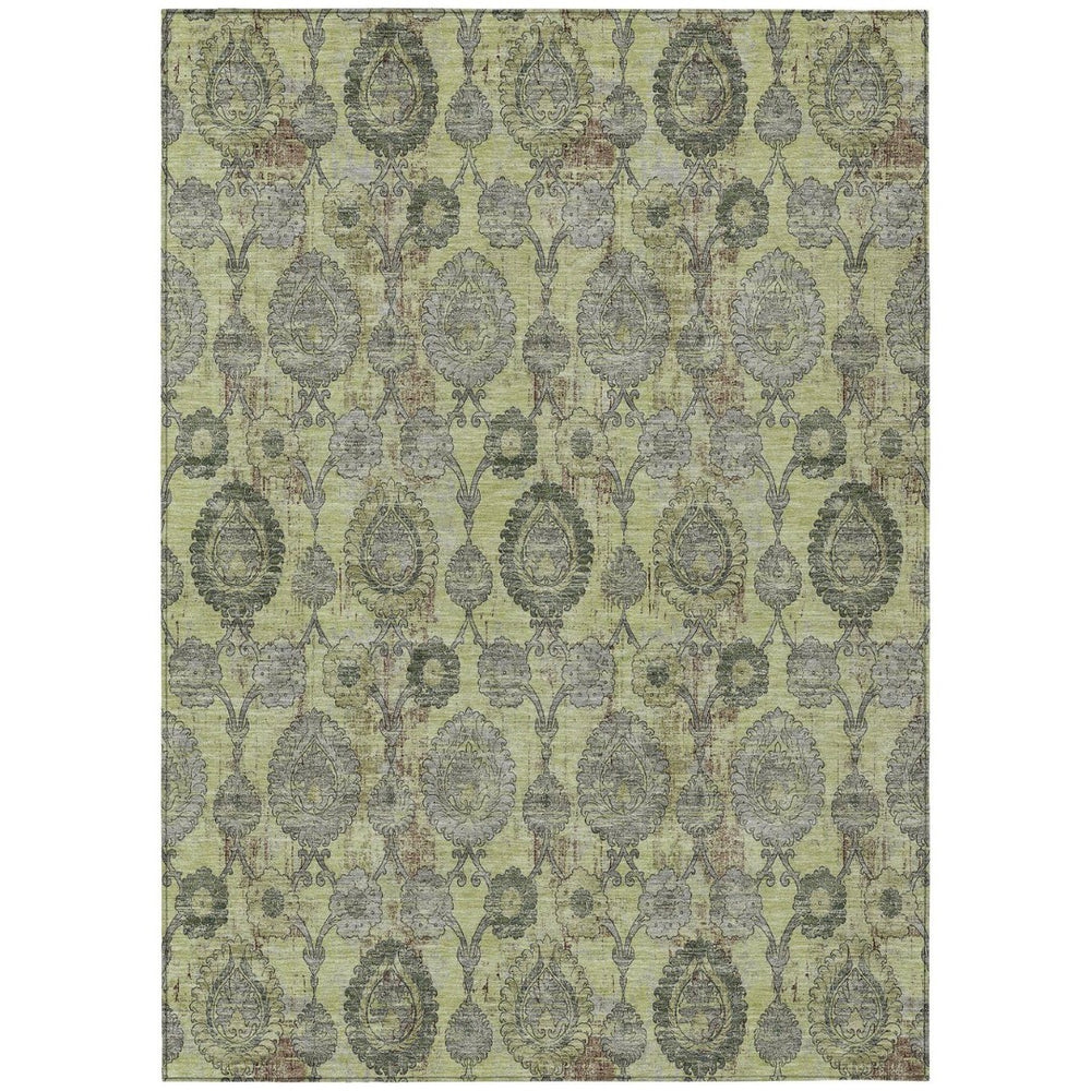 HomeRoots 5' Elegant Artichoke Green & Gray Damask Rug – Durable, Washable Indoor/Outdoor Design for All Spaces 8' X 10' 588133