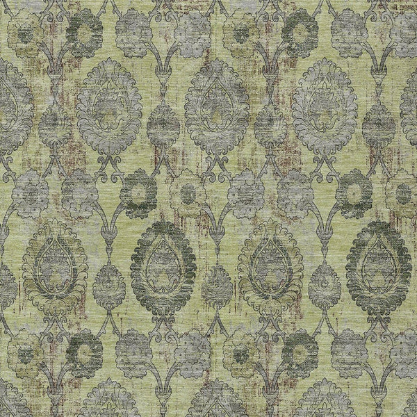 Homeroots 3' Stylish Artichoke Green And Gray Damask Rug - Washable, Durable, Perfect For Indoor And Outdoor Spaces 8' X 10' Polyester 588133