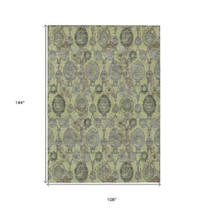 Homeroots 3' Stylish Artichoke Green And Gray Damask Rug - Washable, Durable, Perfect For Indoor And Outdoor Spaces 9' X 12' Polyester 588134