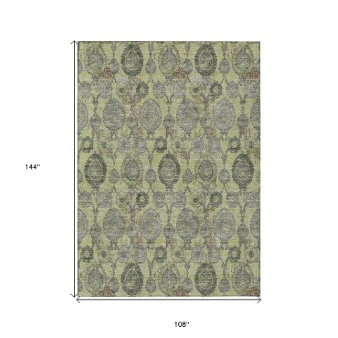 Homeroots 3' Stylish Artichoke Green And Gray Damask Rug - Washable, Durable, Perfect For Indoor And Outdoor Spaces 9' X 12' Polyester 588134