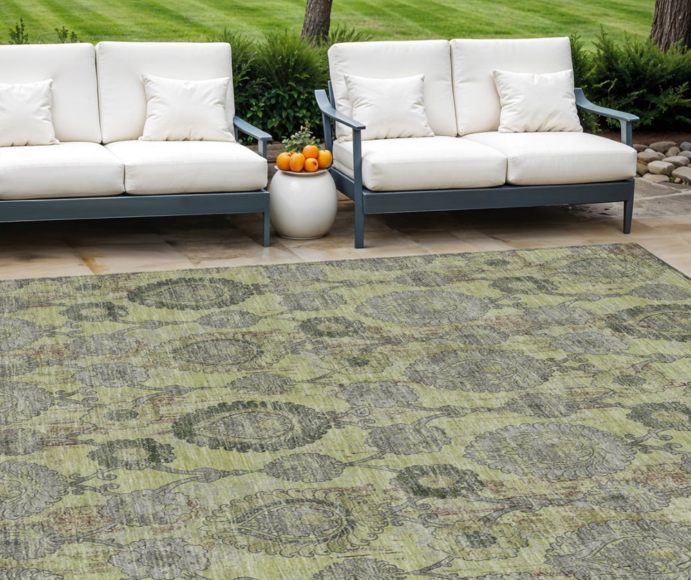 HomeRoots 9' Artichoke Green and Gray Damask Area Rug - Stylish, Washable Design for Indoor and Outdoor Use 9' X 12' 588134