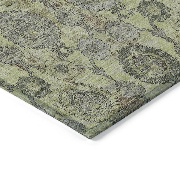 Homeroots 3' Stylish Artichoke Green And Gray Damask Rug - Washable, Durable, Perfect For Indoor And Outdoor Spaces 9' X 12' Polyester 588134
