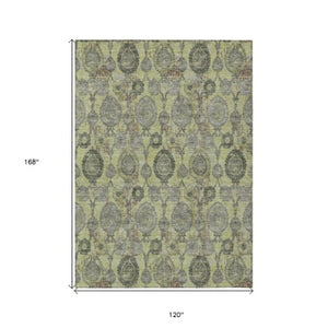 Homeroots 3' Stylish Artichoke Green And Gray Damask Rug - Washable, Durable, Perfect For Indoor And Outdoor Spaces 10' X 14' Polyester 588135