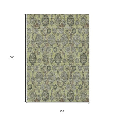 Homeroots 3' Stylish Artichoke Green And Gray Damask Rug - Washable, Durable, Perfect For Indoor And Outdoor Spaces 10' X 14' Polyester 588135