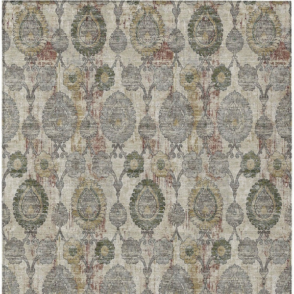 Homeroots 3' Stylish Artichoke Green And Gray Damask Rug - Washable, Durable, Perfect For Indoor And Outdoor Spaces 3' X 5' Polyester 588136