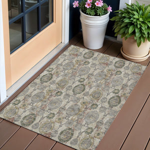 Homeroots 3' Stylish Artichoke Green And Gray Damask Rug - Washable, Durable, Perfect For Indoor And Outdoor Spaces 3' X 5' Polyester 588136