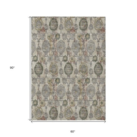 Homeroots 3' Stylish Artichoke Green And Gray Damask Rug - Washable, Durable, Perfect For Indoor And Outdoor Spaces 5' X 8' Polyester 588137