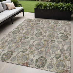Homeroots 3' Stylish Artichoke Green And Gray Damask Rug - Washable, Durable, Perfect For Indoor And Outdoor Spaces 5' X 8' Polyester 588137
