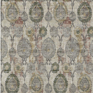 Homeroots 3' Stylish Artichoke Green And Gray Damask Rug - Washable, Durable, Perfect For Indoor And Outdoor Spaces 5' X 8' Polyester 588137