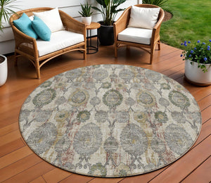 Homeroots 3' Stylish Artichoke Green And Gray Damask Rug - Washable, Durable, Perfect For Indoor And Outdoor Spaces 8' Round Polyester 588138