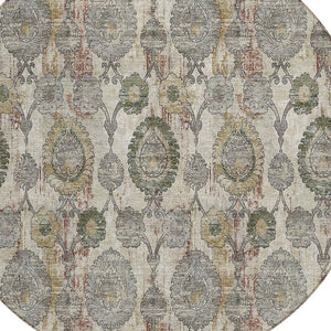 Homeroots 3' Stylish Artichoke Green And Gray Damask Rug - Washable, Durable, Perfect For Indoor And Outdoor Spaces 8' Round Polyester 588138