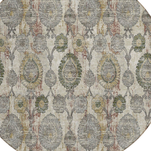 Homeroots 3' Stylish Artichoke Green And Gray Damask Rug - Washable, Durable, Perfect For Indoor And Outdoor Spaces 8' Round Polyester 588138