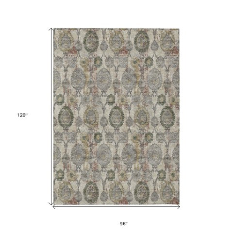 Homeroots 3' Stylish Artichoke Green And Gray Damask Rug - Washable, Durable, Perfect For Indoor And Outdoor Spaces 8' X 10' Polyester 588139