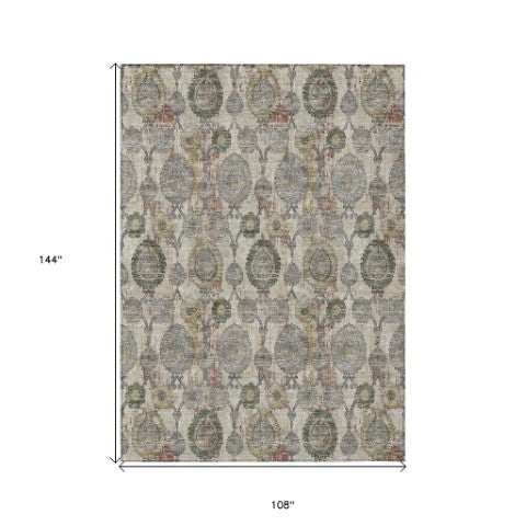 Homeroots 3' Stylish Artichoke Green And Gray Damask Rug - Washable, Durable, Perfect For Indoor And Outdoor Spaces 9' X 12' Polyester 588140