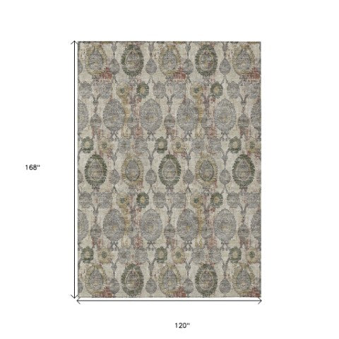 Homeroots 3' Stylish Artichoke Green And Gray Damask Rug - Washable, Durable, Perfect For Indoor And Outdoor Spaces 10' X 14' Polyester 588141