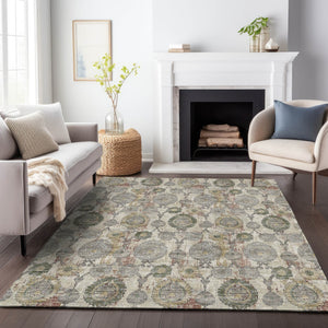 Homeroots 3' Stylish Artichoke Green And Gray Damask Rug - Washable, Durable, Perfect For Indoor And Outdoor Spaces 10' X 14' Polyester 588141