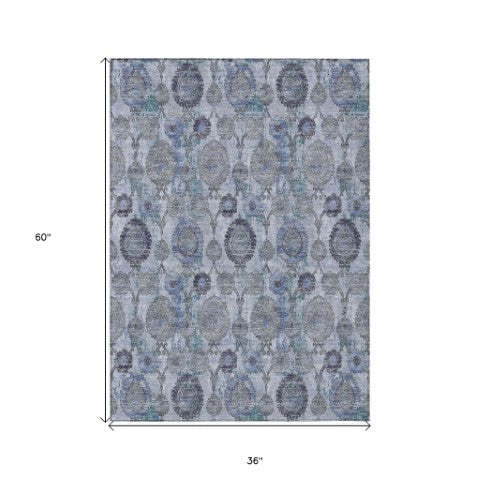 Homeroots 3' Stylish Artichoke Green And Gray Damask Rug - Washable, Durable, Perfect For Indoor And Outdoor Spaces 3' X 5' Polyester 588142