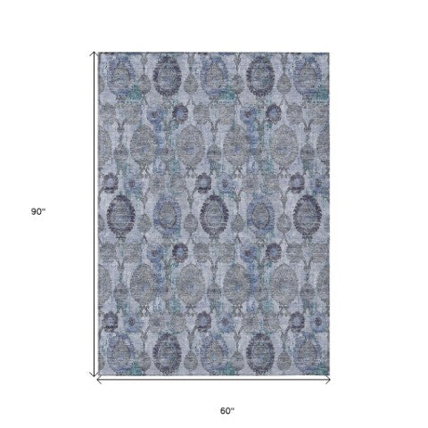 Homeroots 3' Stylish Artichoke Green And Gray Damask Rug - Washable, Durable, Perfect For Indoor And Outdoor Spaces 5' X 8' Polyester 588143