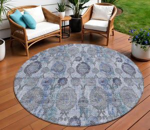 Homeroots 3' Stylish Artichoke Green And Gray Damask Rug - Washable, Durable, Perfect For Indoor And Outdoor Spaces 8' Round Polyester 588144