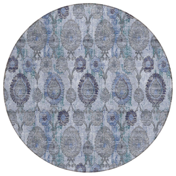 HomeRoots 5' Stylish Navy Blue and Sky Blue Damask Washable Area Rug for Indoor and Outdoor Elegance 8' Round 588144