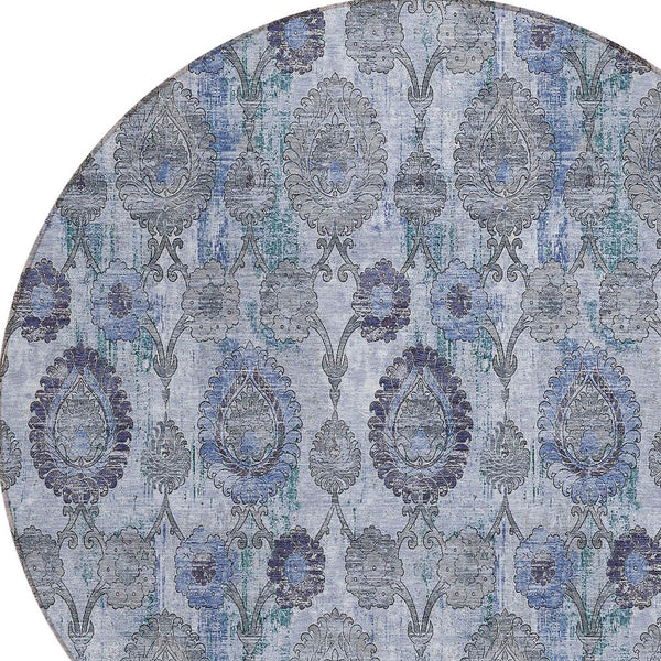 Homeroots 3' Stylish Artichoke Green And Gray Damask Rug - Washable, Durable, Perfect For Indoor And Outdoor Spaces 8' Round Polyester 588144