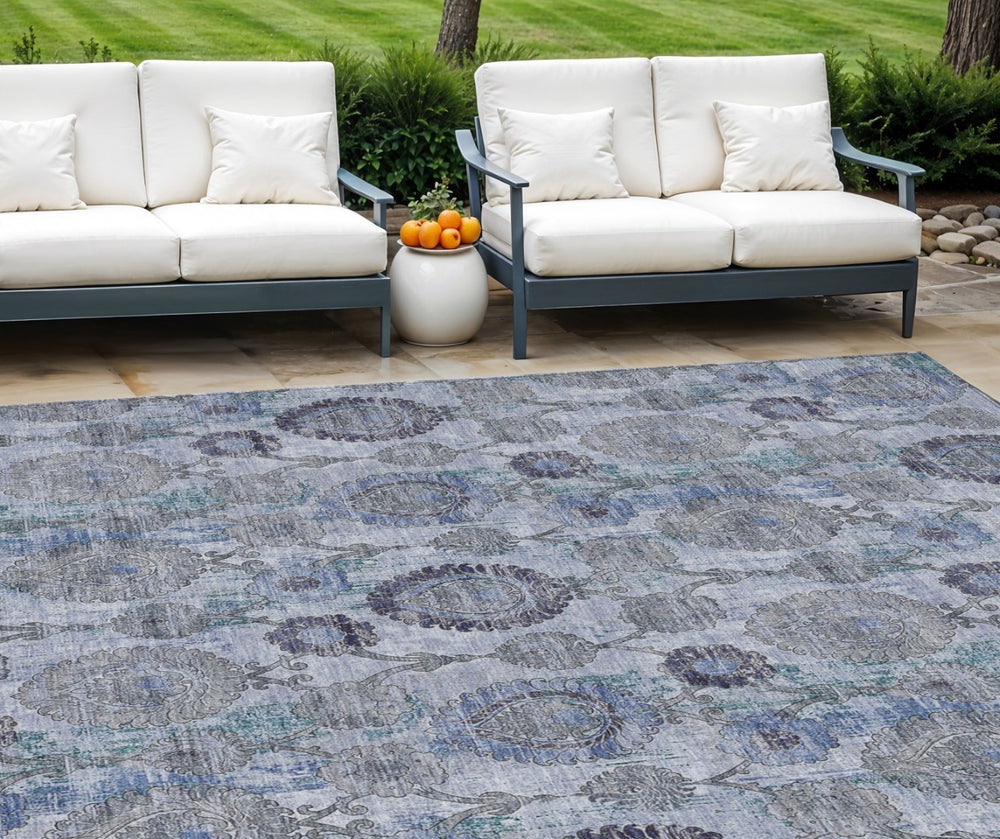 HomeRoots 9' Navy Blue and Sky Blue Damask Area Rug - Stylish, Washable, Indoor/Outdoor Design for Any Space 9' X 12' 588146
