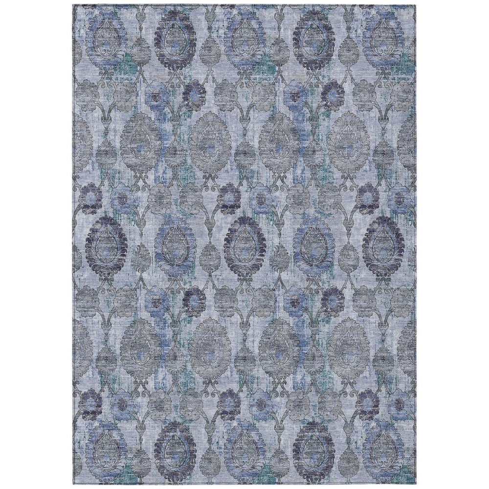 HomeRoots 9' Navy Blue and Sky Blue Damask Area Rug - Stylish, Washable, Indoor/Outdoor Design for Any Space 9' X 12' 588146