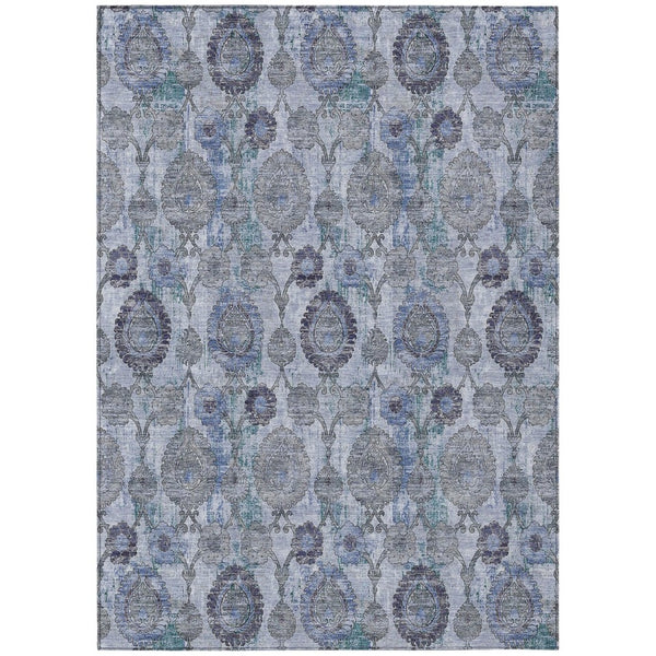 HomeRoots 5' Stylish Navy Blue and Sky Blue Damask Washable Area Rug for Indoor and Outdoor Elegance 10' X 14' 588147
