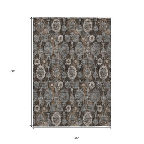Homeroots 3' Stylish Artichoke Green And Gray Damask Rug - Washable, Durable, Perfect For Indoor And Outdoor Spaces 3' X 5' Polyester 588148