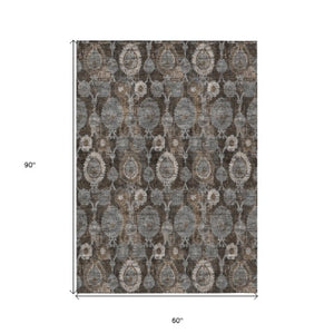 Homeroots 3' Stylish Artichoke Green And Gray Damask Rug - Washable, Durable, Perfect For Indoor And Outdoor Spaces 5' X 8' Polyester 588149