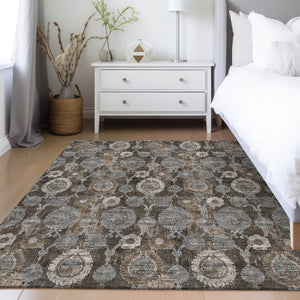 Homeroots 3' Stylish Artichoke Green And Gray Damask Rug - Washable, Durable, Perfect For Indoor And Outdoor Spaces 5' X 8' Polyester 588149