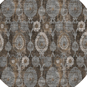 Homeroots 3' Stylish Artichoke Green And Gray Damask Rug - Washable, Durable, Perfect For Indoor And Outdoor Spaces 8' Round Polyester 588150