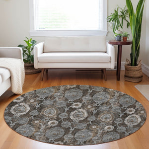 Homeroots 3' Stylish Artichoke Green And Gray Damask Rug - Washable, Durable, Perfect For Indoor And Outdoor Spaces 8' Round Polyester 588150