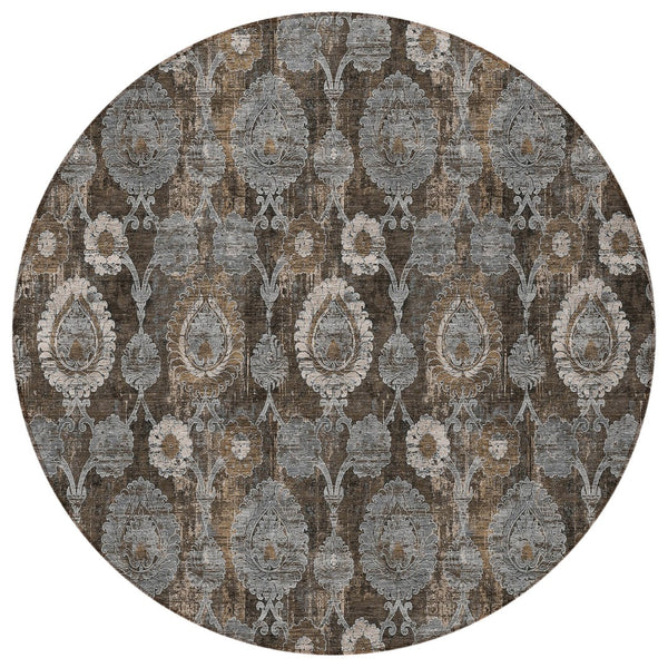 Homeroots 3' Stylish Artichoke Green And Gray Damask Rug - Washable, Durable, Perfect For Indoor And Outdoor Spaces 8' Round Polyester 588150