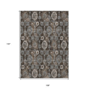 Homeroots 3' Stylish Artichoke Green And Gray Damask Rug - Washable, Durable, Perfect For Indoor And Outdoor Spaces 9' X 12' Polyester 588152