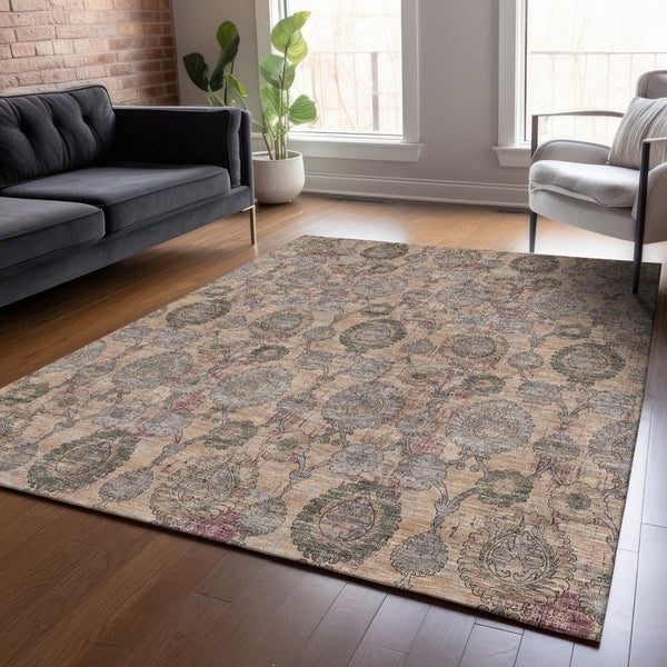 Homeroots 3' Stylish Artichoke Green And Gray Damask Rug - Washable, Durable, Perfect For Indoor And Outdoor Spaces 3' X 5' Polyester 588154