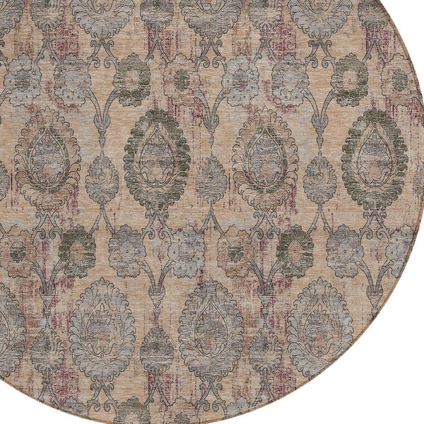 Homeroots 3' Stylish Artichoke Green And Gray Damask Rug - Washable, Durable, Perfect For Indoor And Outdoor Spaces 8' Round Polyester 588156