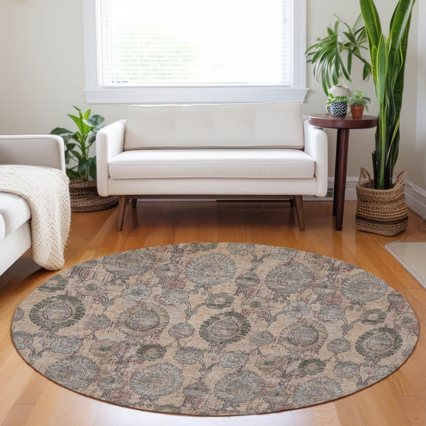 Homeroots 3' Stylish Artichoke Green And Gray Damask Rug - Washable, Durable, Perfect For Indoor And Outdoor Spaces 8' Round Polyester 588156