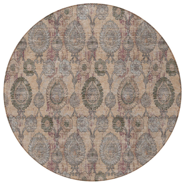 Homeroots 3' Stylish Artichoke Green And Gray Damask Rug - Washable, Durable, Perfect For Indoor And Outdoor Spaces 8' Round Polyester 588156