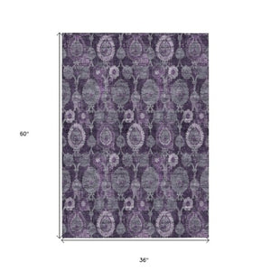 Homeroots 3' Stylish Artichoke Green And Gray Damask Rug - Washable, Durable, Perfect For Indoor And Outdoor Spaces 3' X 5' Polyester 588160