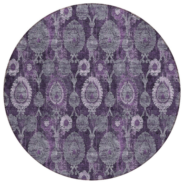 HomeRoots 5' Elegant Eggplant Purple & Lavender Damask Rug - Durable, Washable for Indoor & Outdoor Spaces 8' Round 588162