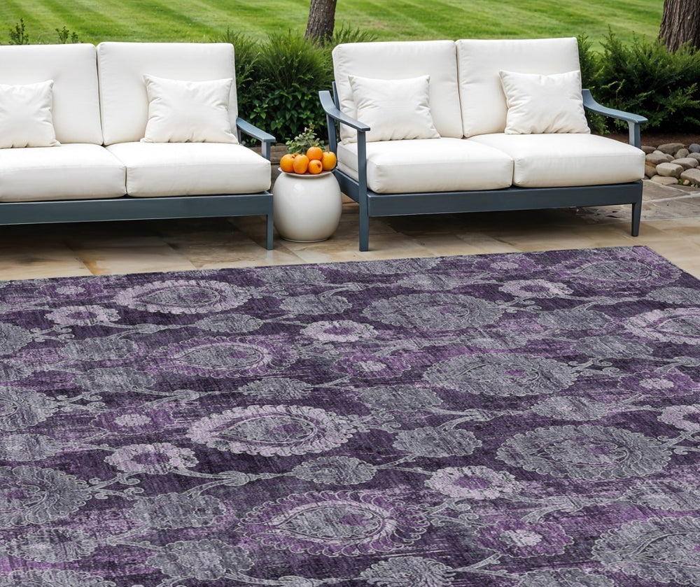 HomeRoots 9' Elegant Eggplant Purple and Lavender Damask Area Rug - Durable, Washable for Indoor & Outdoor Use 9' X 12' 588164