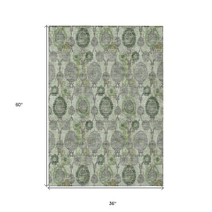 Homeroots 3' Stylish Artichoke Green And Gray Damask Rug - Washable, Durable, Perfect For Indoor And Outdoor Spaces 3' X 5' Polyester 588166